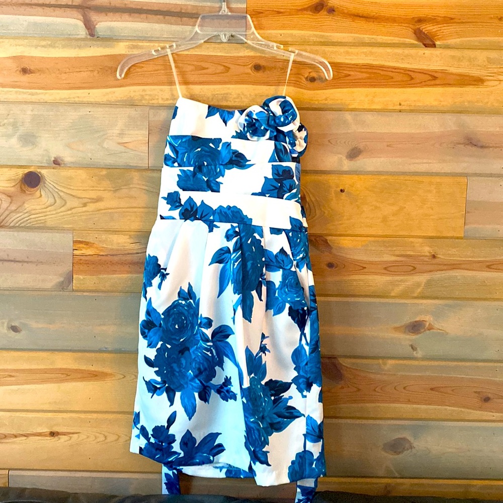 White and blue short formal dress strapless